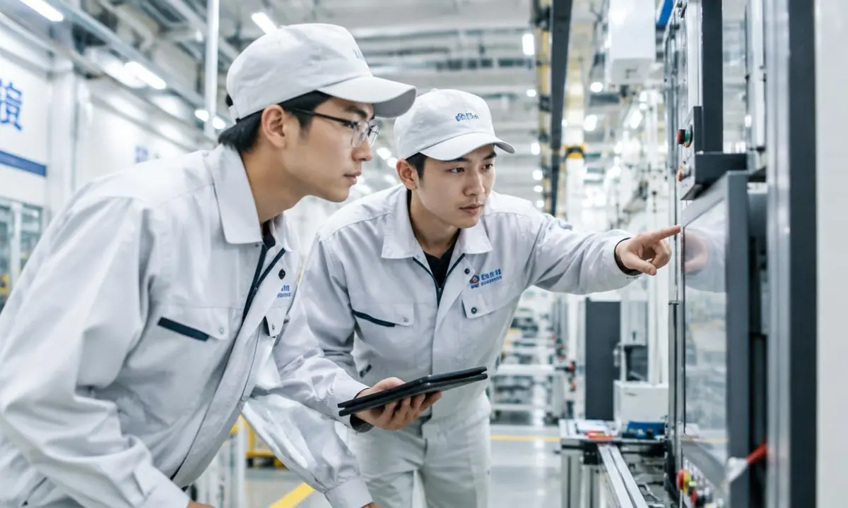 Chinese manufacturing engineers inspecting equipment in a modern factory hall