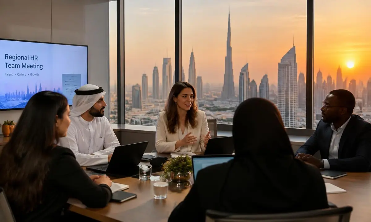 Regional HR team meeting in a Dubai office overlooking the city skyline at sunset