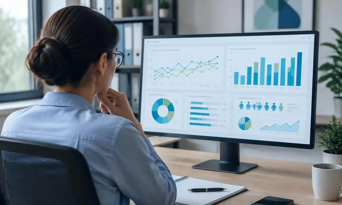 HR analyst reviewing global mobility dashboard charts and metrics on a large monitor
