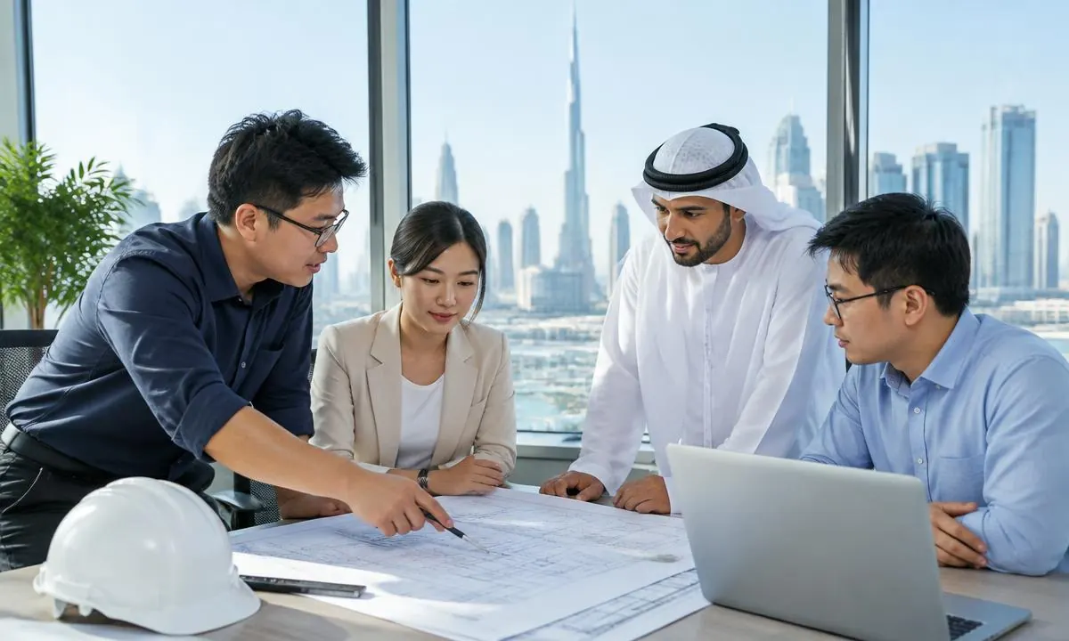 Chinese engineering professionals discussing project plans with a UAE colleague in Dubai