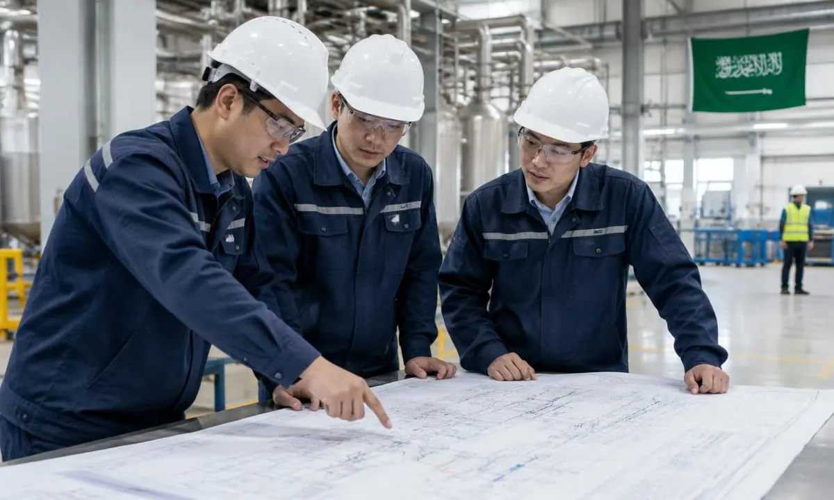 Chinese engineers reviewing commissioning plans inside an industrial facility