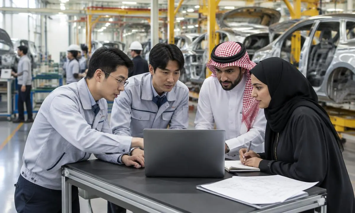 South Korean and Saudi colleagues reviewing automotive plant plans together