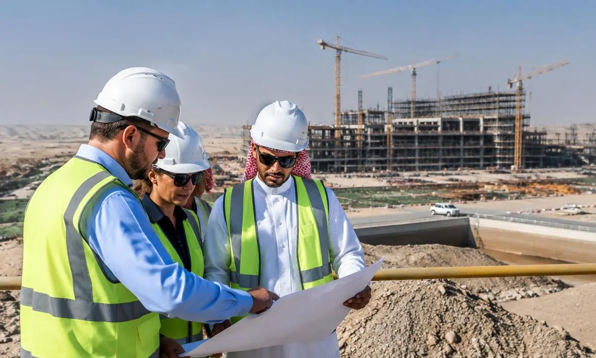 British and Saudi infrastructure specialists reviewing plans at a construction site