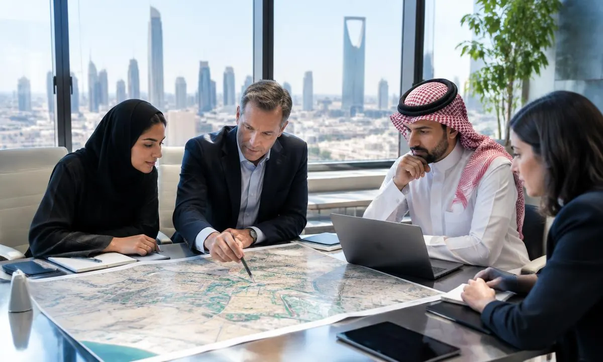 American and Saudi project leaders planning expansion together in a Riyadh office