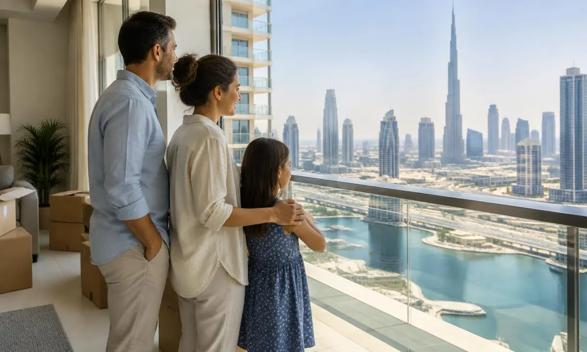 Relocating family viewing a Dubai apartment before settling into their new home