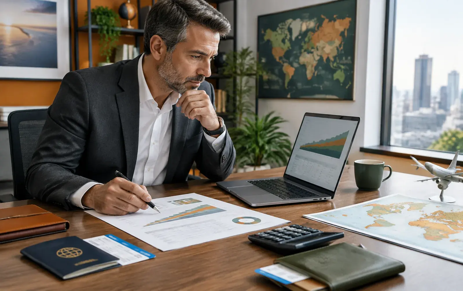 Finance leader analysing the complete cost of an international assignment with charts, travel documents and global workforce data