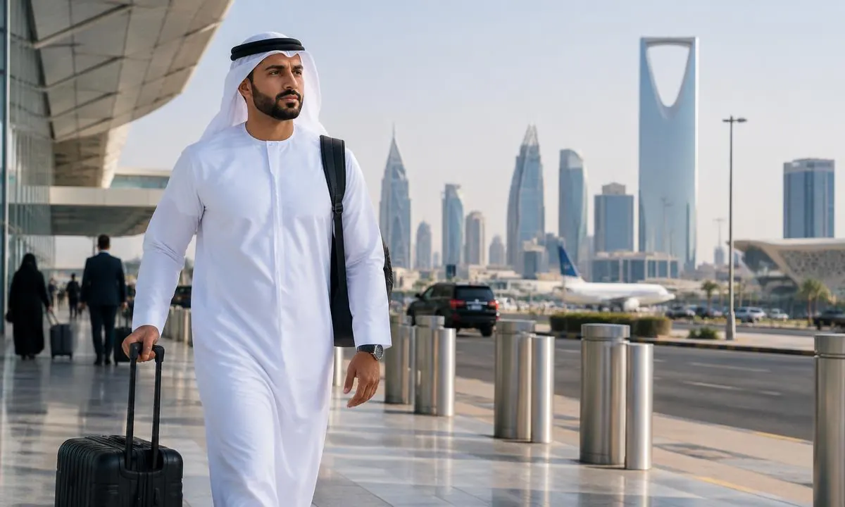 UAE-based business traveler arriving near the Riyadh skyline for a Saudi assignment
