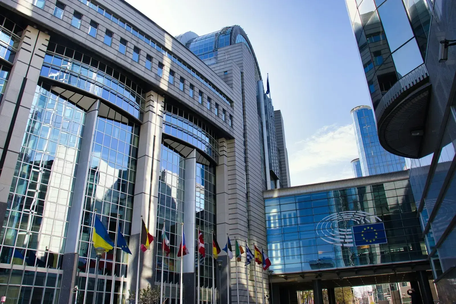 European Union flags outside a parliament building in Brussels