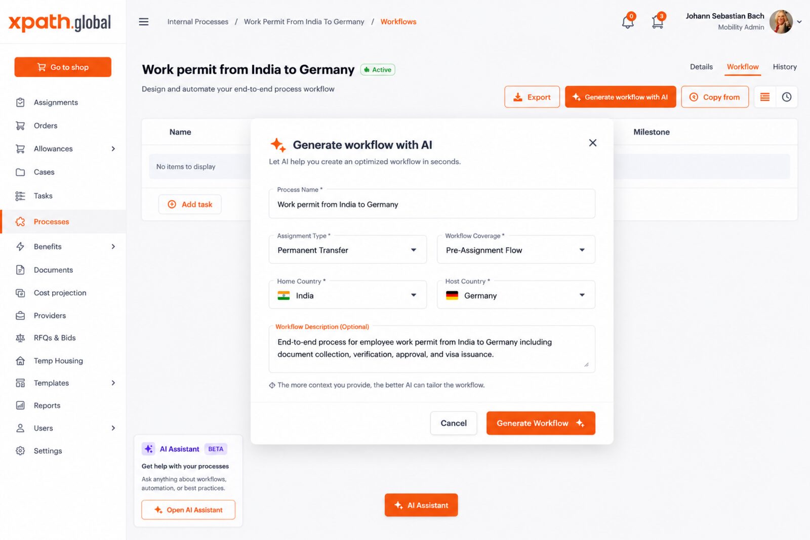 xpath.global AI process builder generating a work permit workflow from India to Germany with assignment type, countries and description fields.