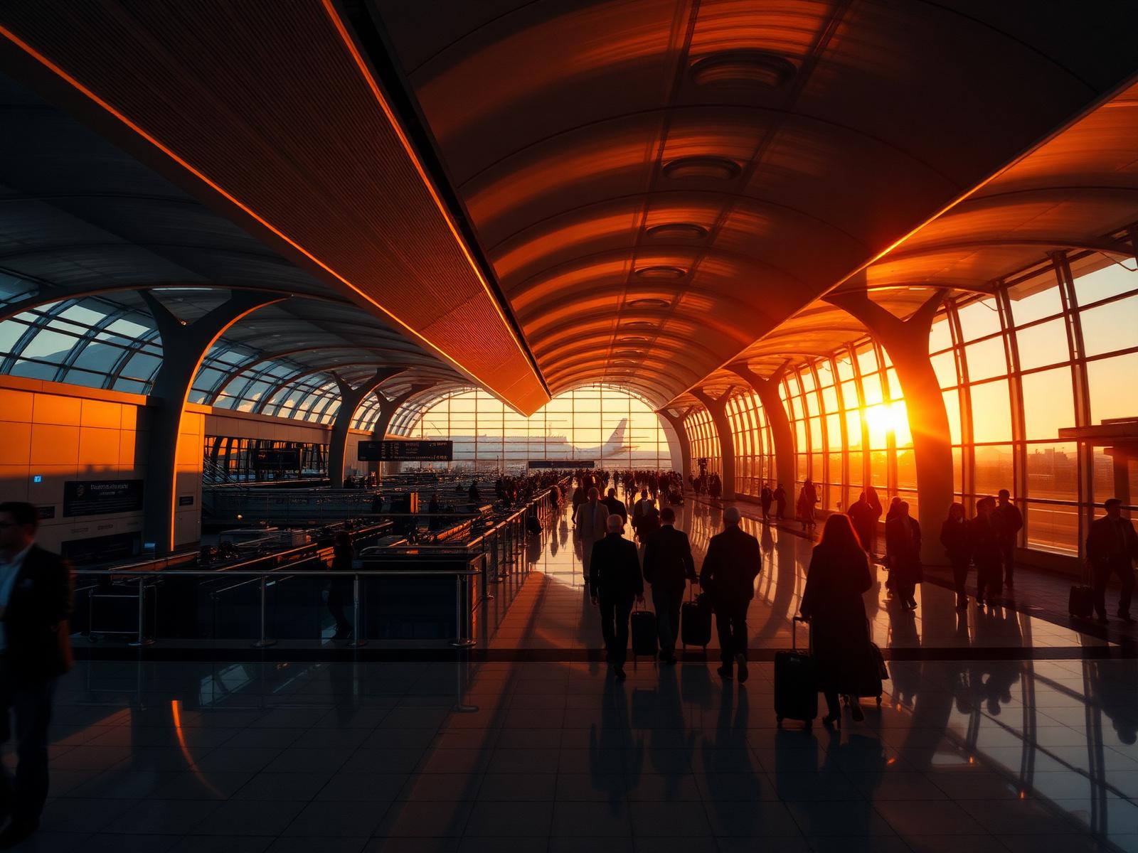 Modern international airport terminal at golden hour — global mobility services by xpath.global