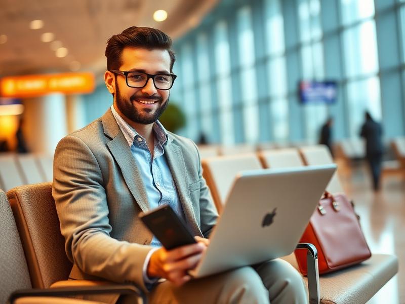 Business traveler at a modern airport lounge with laptop and passport