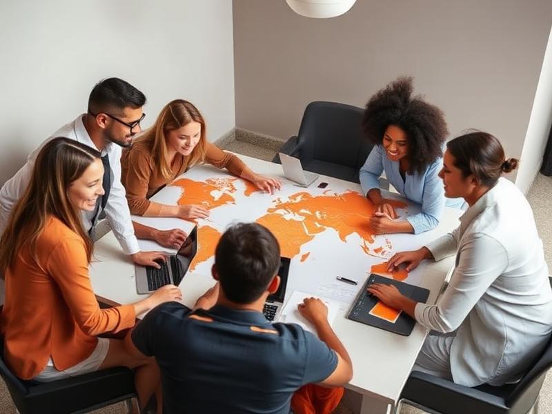 Diverse team collaborating around a world map