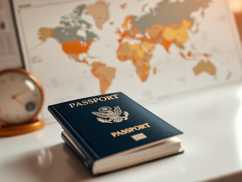 Passport with visa stamps on a desk beside a world map