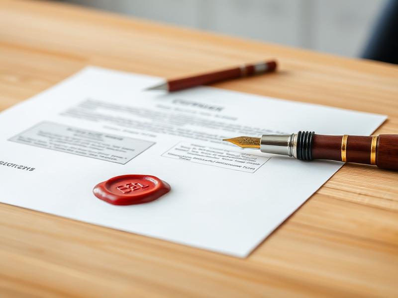 Notarised document with wax seal and fountain pen on a wooden desk