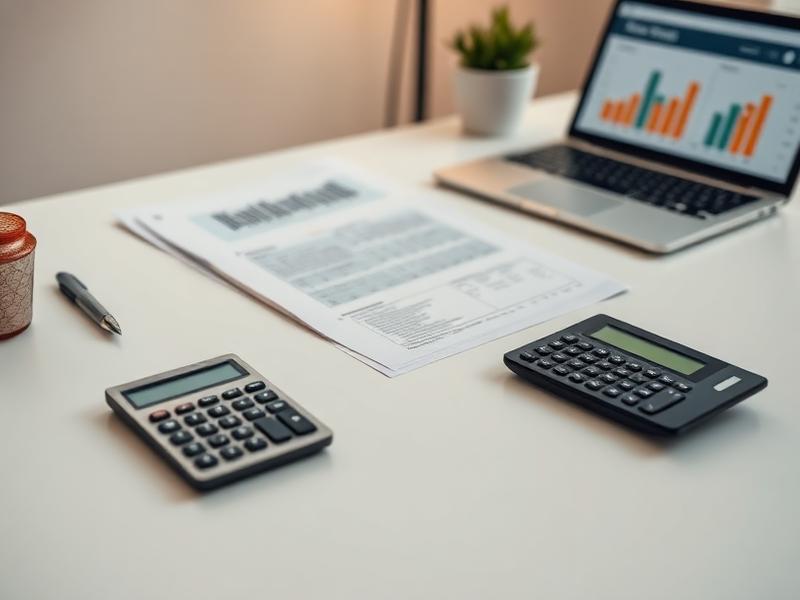 Tax documents, calculator and laptop showing charts on a desk