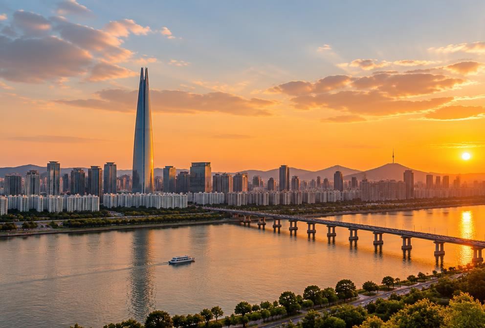 Seoul skyline along the Han River at sunset