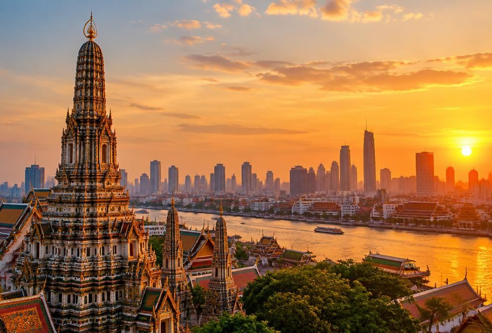 A Bangkok temple with the city skyline at sunset