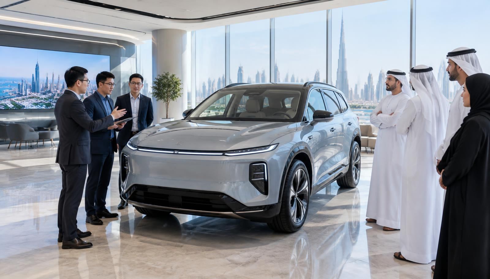 Chinese engineers and Emirati executives discussing around a modern electric SUV in a Dubai showroom