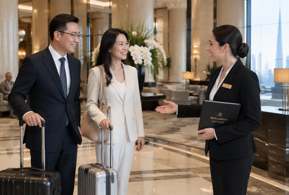 A Chinese executive couple with luggage being greeted by a relocation consultant in a Dubai hotel lobby