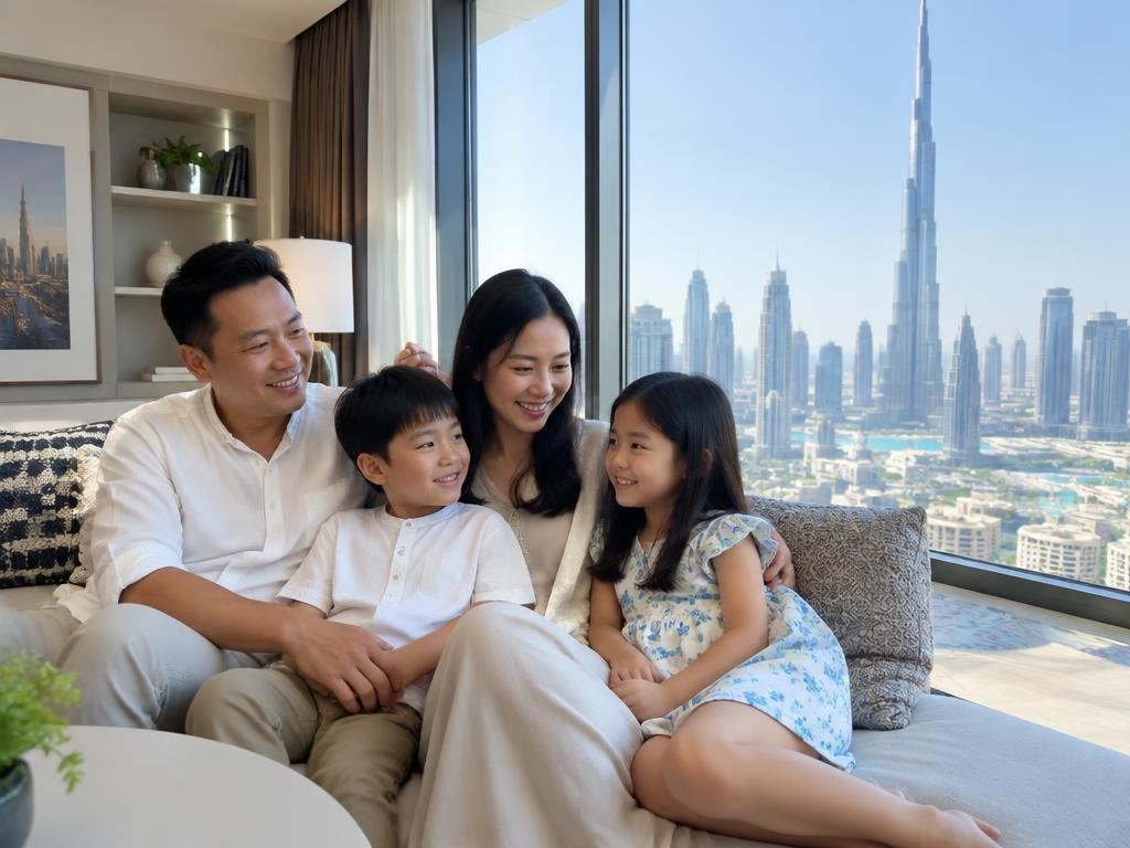 A Chinese family relaxing in a bright Dubai apartment with the skyline through the window