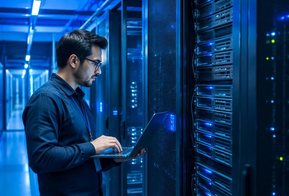 An engineer working in a modern data center server room