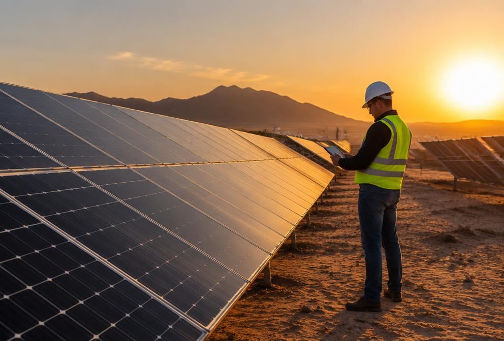 An engineer inspecting solar panels in the desert at golden hour