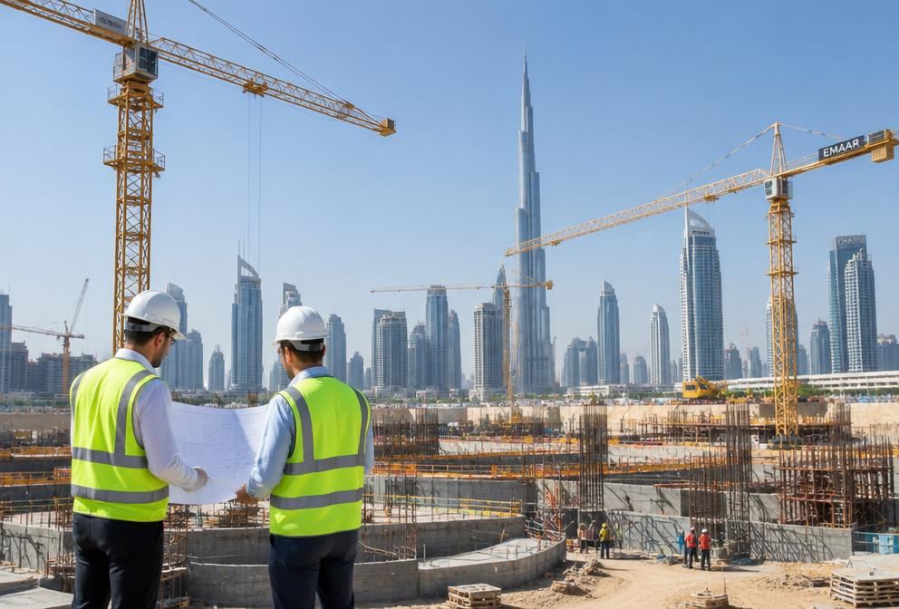 Engineers reviewing plans at a construction site with the Dubai skyline behind