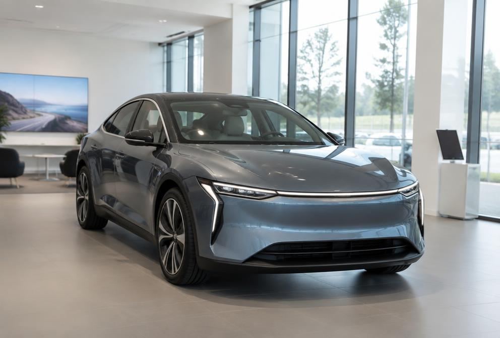 A modern electric car in a bright showroom