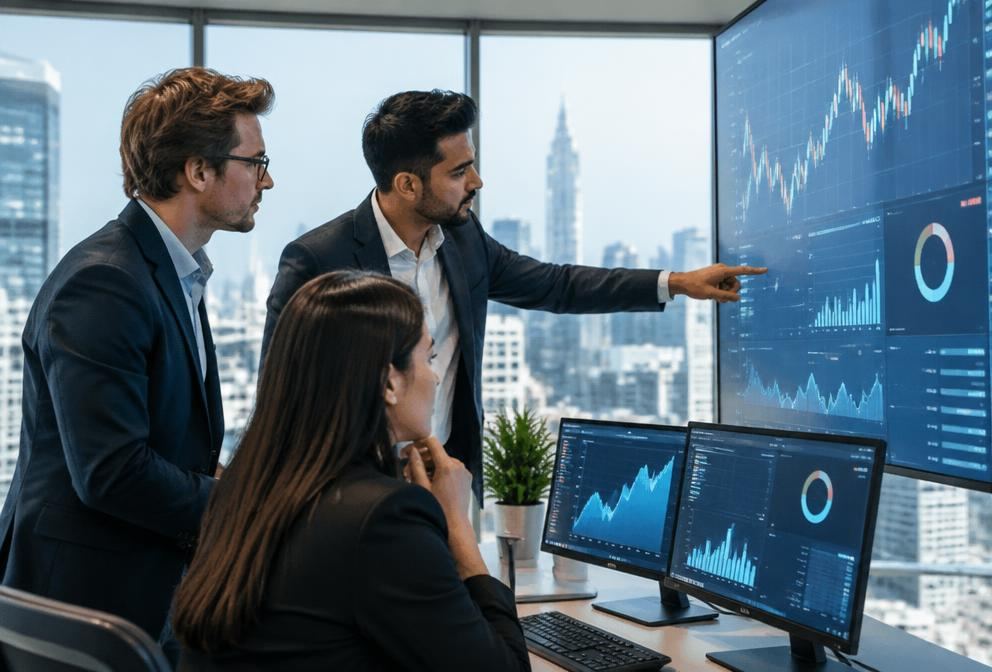 Professionals reviewing financial charts on large screens in a modern office