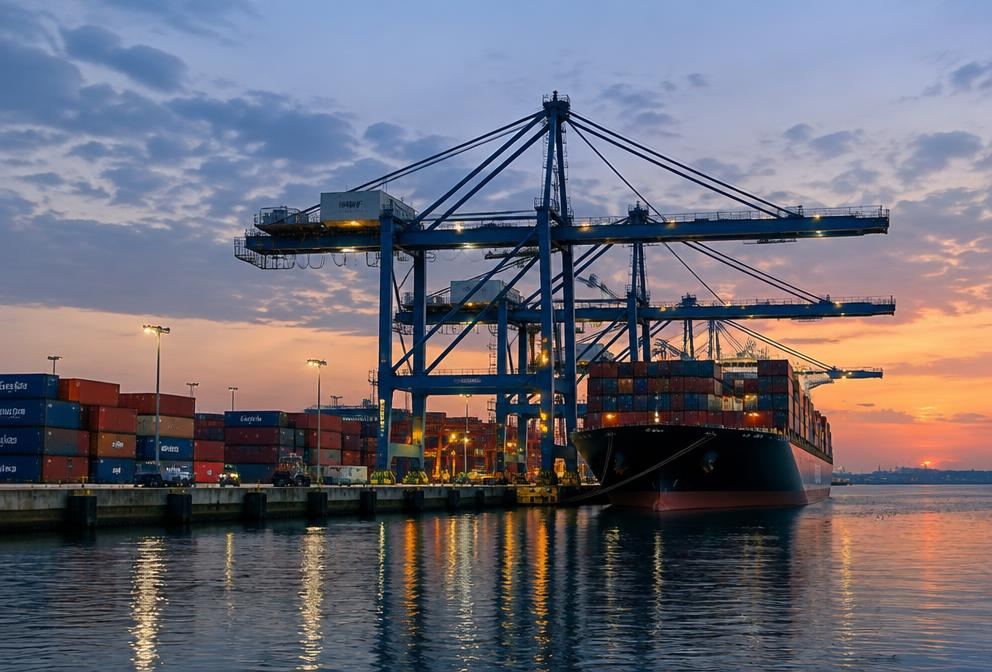A container port with gantry cranes at dusk