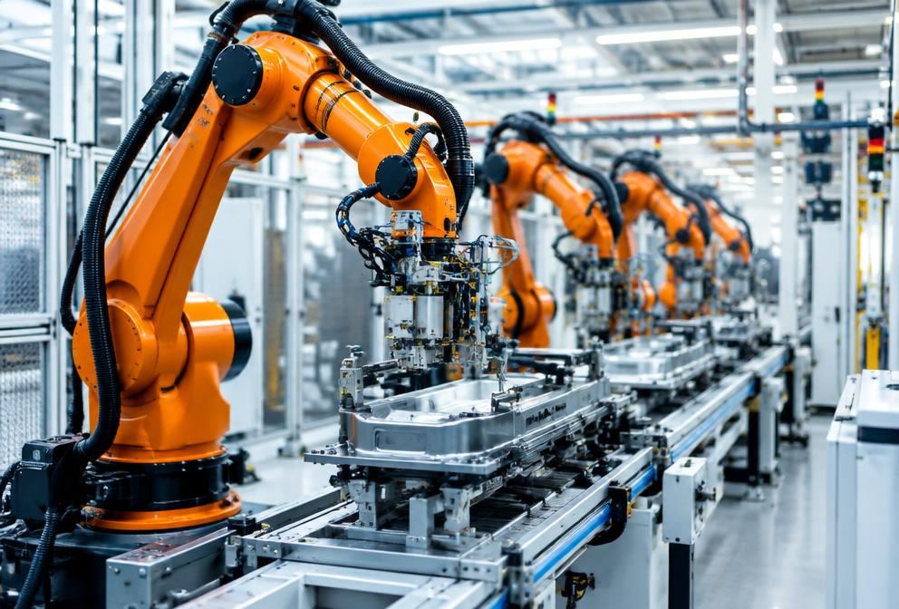 Robotic arms on an advanced manufacturing production line