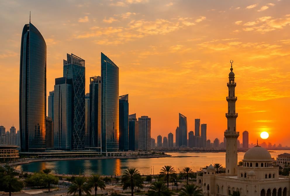 A Middle East city skyline at sunset with a mosque minaret