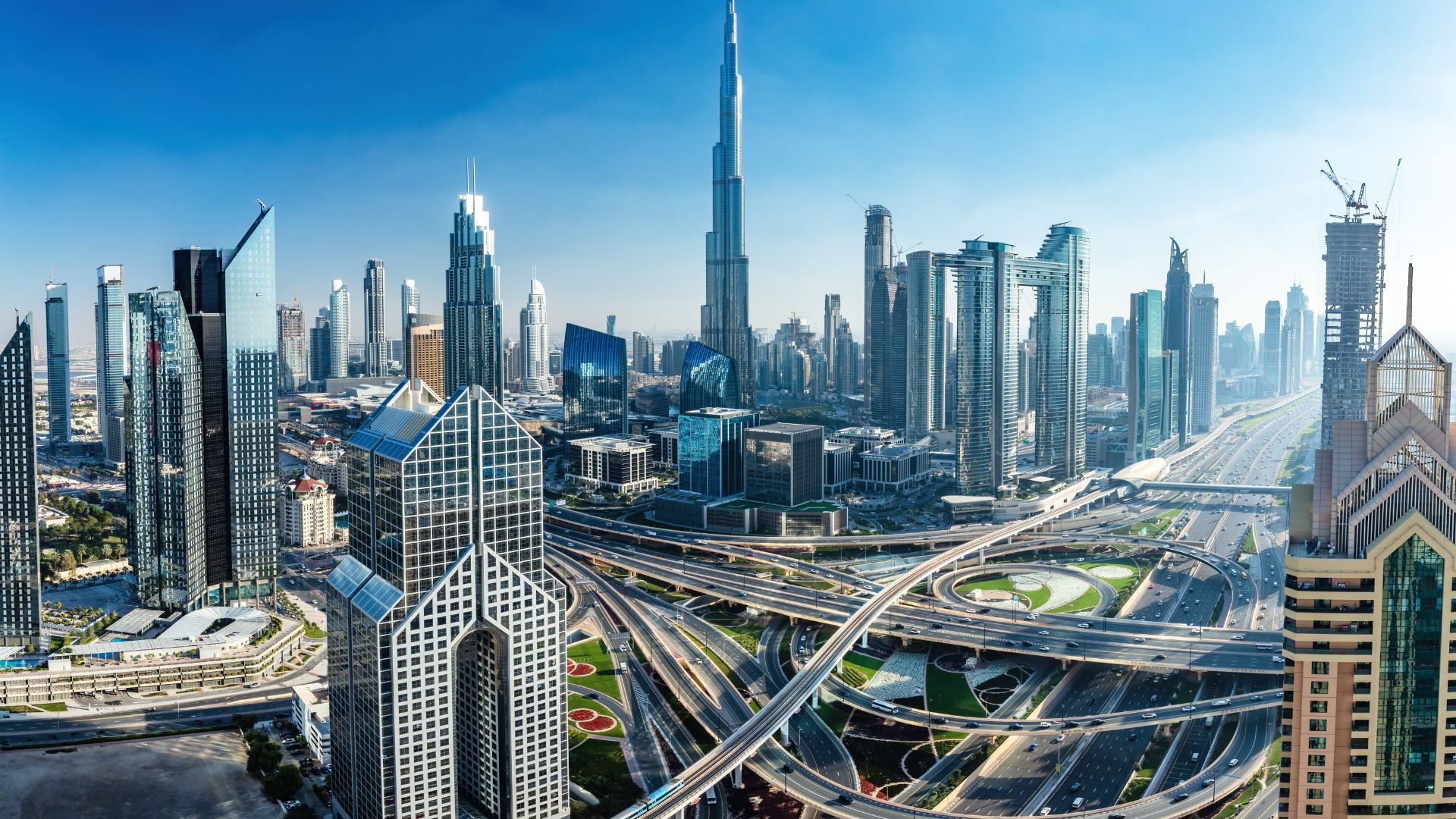 Dubai skyline with the Burj Khalifa and Sheikh Zayed Road highway interchange