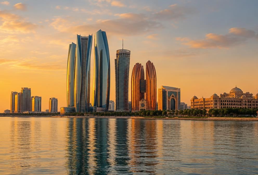 The Abu Dhabi skyline at golden hour across the Corniche