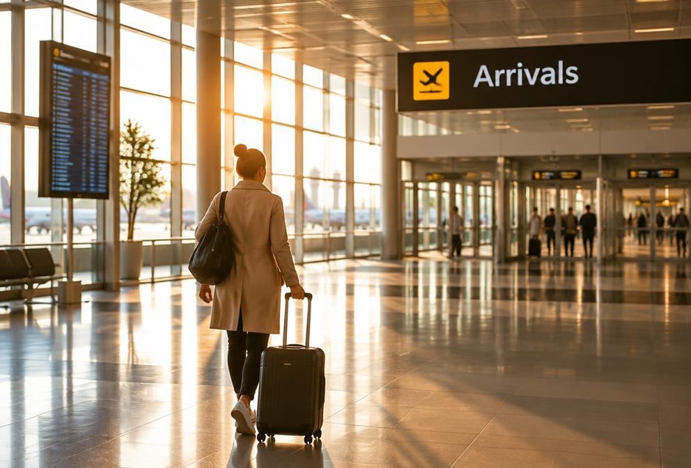 Traveller with a suitcase arriving in an airport arrivals hall