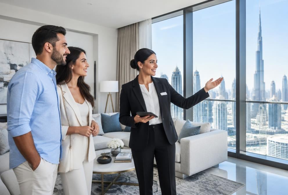 Agent showing a couple a Dubai apartment with skyline views