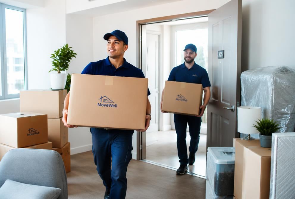 Movers carrying boxes of household goods into an apartment