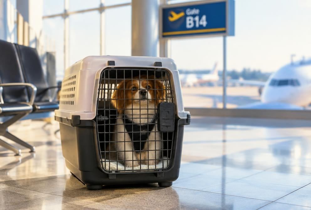 Dog in an airline-approved pet travel crate at an airport gate