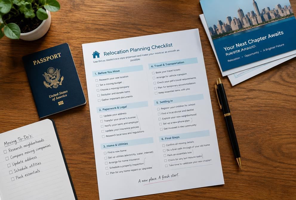Relocation planning checklist, passport and documents arranged on a desk