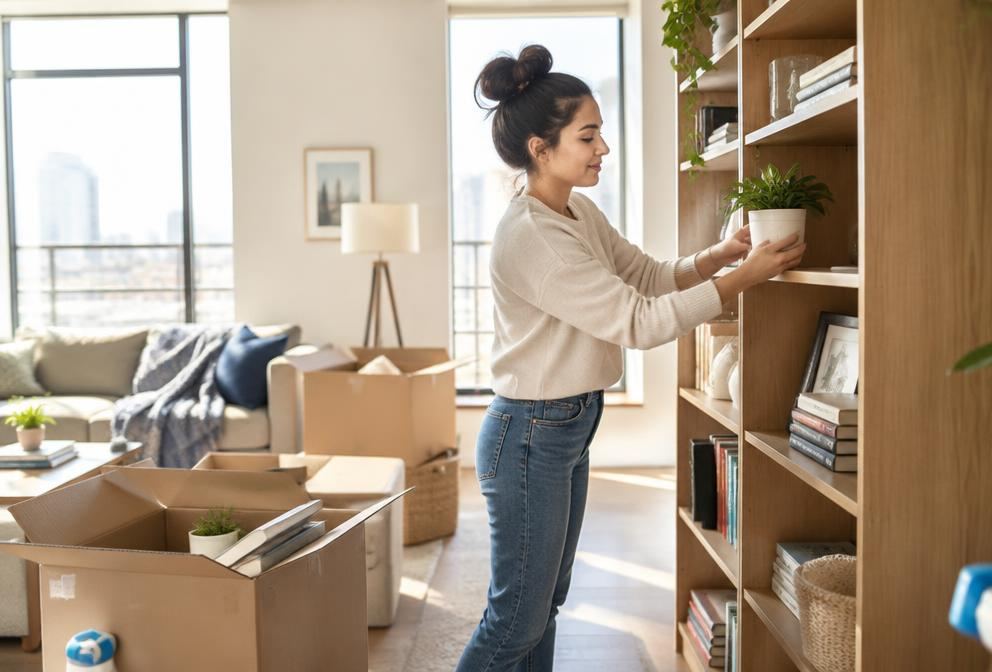 Newcomer arranging shelves in a bright new apartment with moving boxes nearby