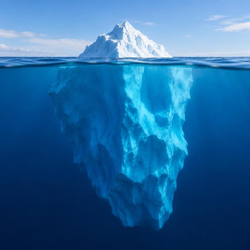 An iceberg with most of its mass hidden underwater