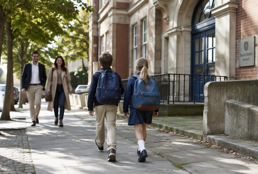 Children walking to a European school building with their parents