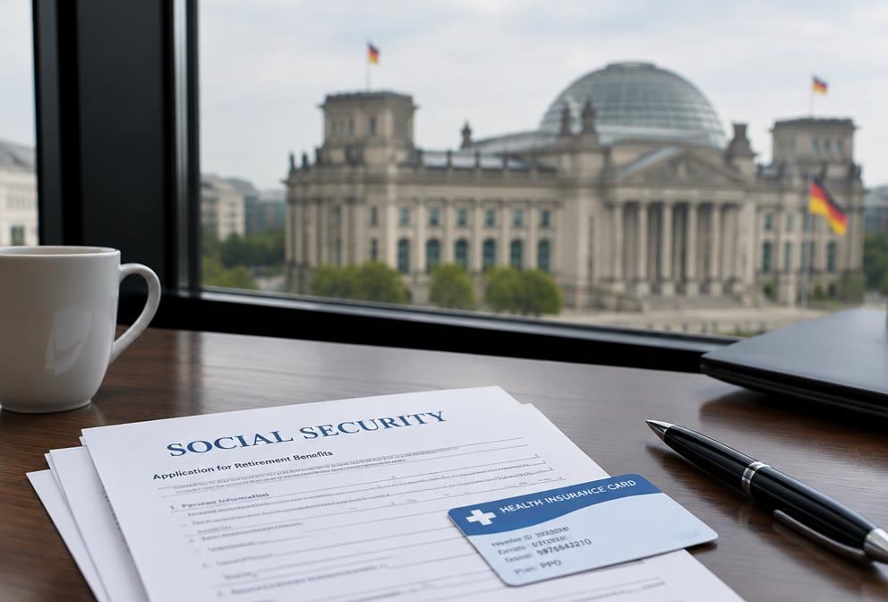 Social security paperwork and a health insurance card in front of a European government building