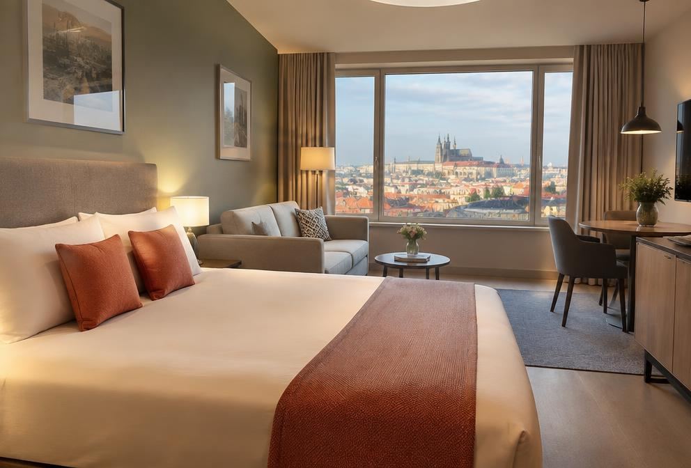 A modern serviced apartment with a European city view