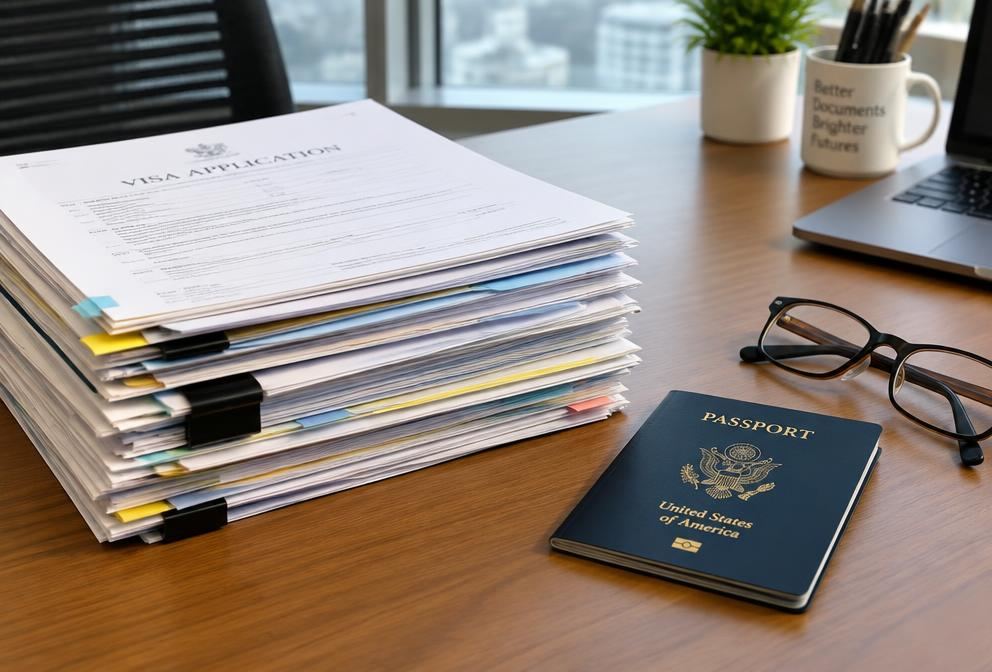A stack of visa application documents next to a passport