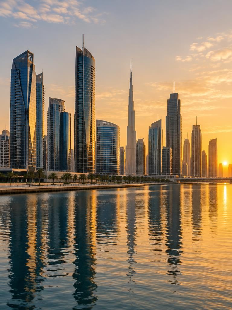 Dubai skyline at golden hour across the Dubai Water Canal