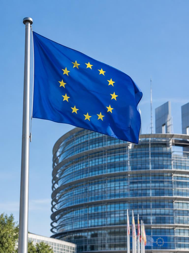 The European Union flag waving in front of a modern European institution building