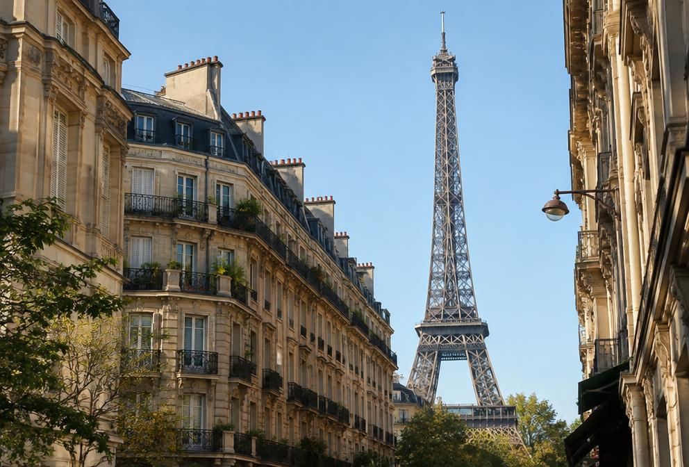 A Paris street with the Eiffel Tower behind Haussmann buildings
