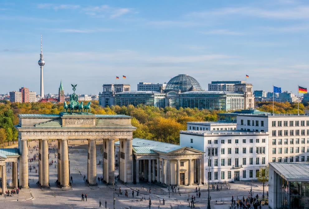 The Brandenburg Gate and Berlin government district on a clear day
