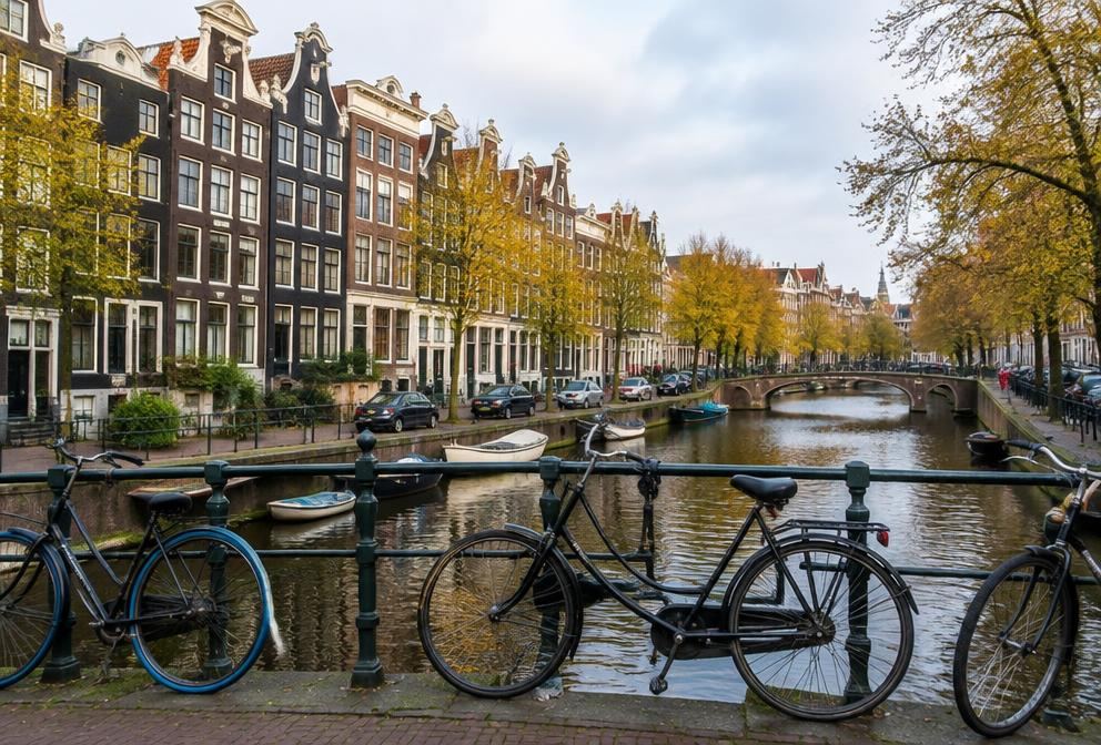 An Amsterdam canal with historic gabled houses and bicycles on a bridge